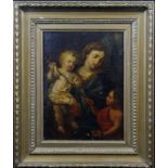 Manner of Carlo Maratta. Oil on panel depicting the Madonna and child with the infant St John the