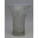 Barolac opalescent glass vase (circa 1930) of flared form, decorated with relief moulded irises