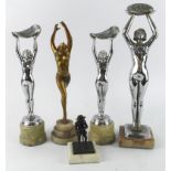 Figural statues. A group of five mostly Art Deco figural statues, one marked 'Limousin', tallest