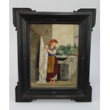 Pietra Dura. Inlaid plaque depicting a continental peasant woman. Plaque measures approx 19cm x 25cm