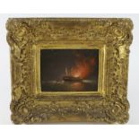 Oil on board, depicting a burning ship with crew fleeing in a lifeboat, unsigned, contained in a