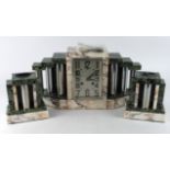 Art Deco three piece garniture mantel clock, with marble and chrome decoration, pendulum present,