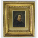 Oil on board, depicting a hooded monk, unsigned, mounted, framed & glazed, image size 9.5cm x 12cm