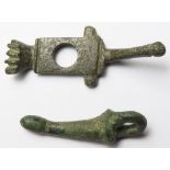 Antiquities (2): Roman bronze phallic amulet 36mm, 6.52g, along with Roman bronze phallic quillion