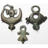Antiquities (3): Roman bronze phallic amulets/fittings: 2x lunular plate phalera 44mm, 10.57g, and