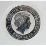 Australia 5oz pure silver lunar calendar $8 Year of the Cockerel 2005, UNC light toning.