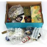 Militaria selection in a shoebox – Cloth & Metal Badges, Medal Ribbons, Home Guard Badges,