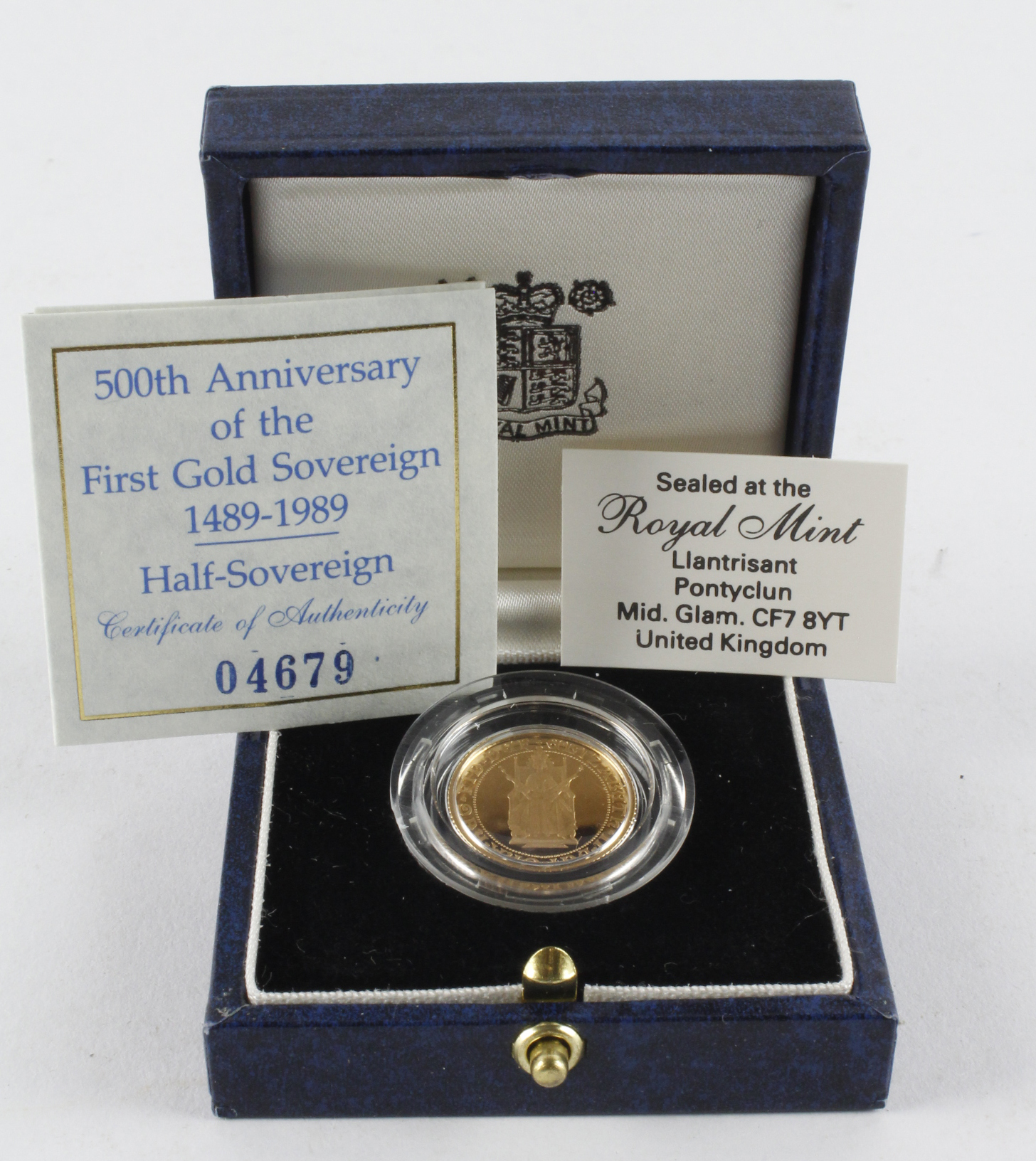 Half Sovereign 1989 proof, 500th Anniversary of the First Gold Sovereign 1489-1989, FDC cased with