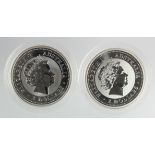 Australia (2) 2oz pure silver lunar calendar 2-Dollars: Goat 2003 and Cockerel 2005, UNC light