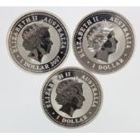 Australia (3) 1oz pure silver lunar calendar Dollars: Horse 2002, Pig 2007, Tiger 2010, UNC light