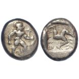 Ancient Greek: Pamphylia, Aspendos silver Stater 5thC BC. Helmeted warrior r. holding shield. /