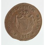German States, Baden copper 1 Kreuzer 1817 GVF, flan slightly mis-cut.