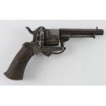 Belgian 6 shot, pinfire revolver circa 1870. Folding trigger, side mounted ejector rod. Double