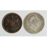 India (2) East India Company: Copper Pie 1833 GF, and silver 1/4 Rupee 1835 Fine.