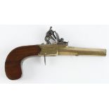 Flintlock, boxlock, pocket pistol circa 1800. Turn off barrel 3.5". English proof and view mark.