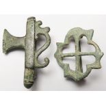 Antiquities (2): Roman bronze ceremonial axe fibula, 42mm, 10.07g, along with bronze cruciform