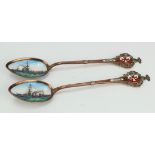 Maltese related copper & enamel ship spoons (2) both bowls show enamelled scenes of warships (