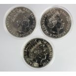 GB & Guernsey (3): 2x Britannia 1oz silver £2 crowns 2001 and 2011, along with a Guernsey cupro-