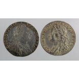 Shillings (2) early milled: 1758 GVF, and 1787 without hearts GVF