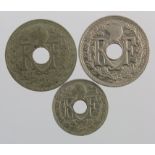 France (3) scarce dates: 5 Centimes 1917 EF, 25 Centimes 1915 EF, and 25 Centimes 1916 corroded VF