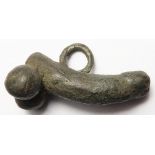 Antiquity: Roman bronze phallic amulet. Popular style of military charm. 36mm, 18.68g. Ex. A. Cherry