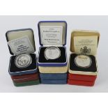 GB Silver Proof Crowns / Five Pounds (10) 1972, 80 x2, 81 x2, 90, 93, 96, 97 & 1998. aFDC/FDC