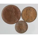 India (3) Victorian copper: Half Anna 1862 nEF, Quarter Anna 1862 GVF, and 1/2 Pice 1862 VF