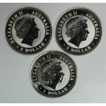 Australia (3) 1oz pure silver lunar calendar Dollars: Monkey 2004, Cockerel 2005, and Dog 2006,