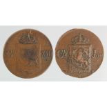 Norway (2) copper 1 Skilling Species 1816 Fine, and 1820 VF