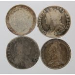 Sixpences (4): 1697 Fair, 1741 roses Fine bent as a love token, 1881 nEF light scratch, and 1887