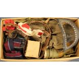 Militaria - very large and heavy box incl webbing, belts, several different gas masks, water