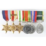 Group mounted as worn - 1939-45 Star, Africa Star + 1st Army clasp, Italy Star, Defence & War Medal,