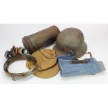 Militaria including German M30 Gas Mask with Canister & Filter, Afrika Korps M41 cap, blue Luftwaffe