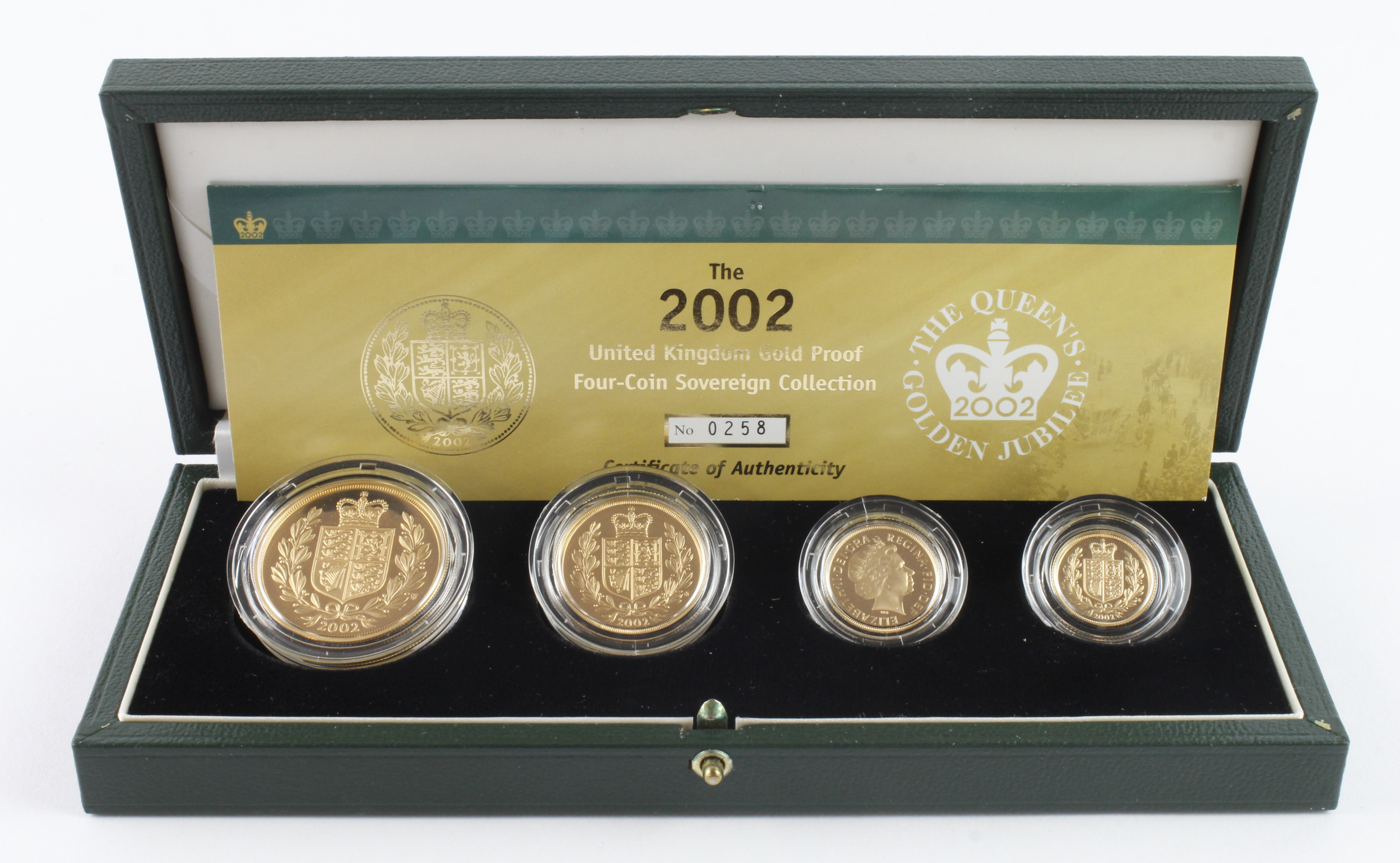Four coin set 2002 (Five Pounds, Two Pounds, Sovereign & Half Sovereign). Proof FDC boxed as issued