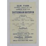 Reading v Tottenham London War Cup 21st March 1942, single sheet programme (hole punched)