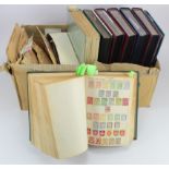 Box with several large stockbooks of sorted by country stamps, most on paper, some countries without