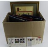 Box of various GB FDC's and event covers in albums and loose, plus o framed autographed Military