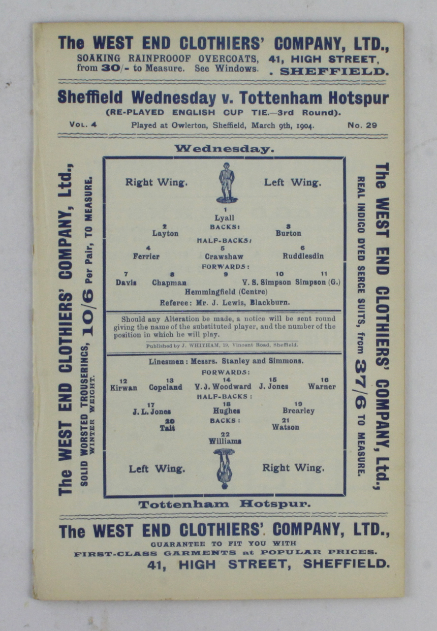 Sheffield Wednesday v Tottenham Hotspur 9th March 1904, Re-played England Cup Tie 3rd Round