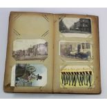 Distressed vintage album containing varied original collection, shipping noted   (approx 79 cards)