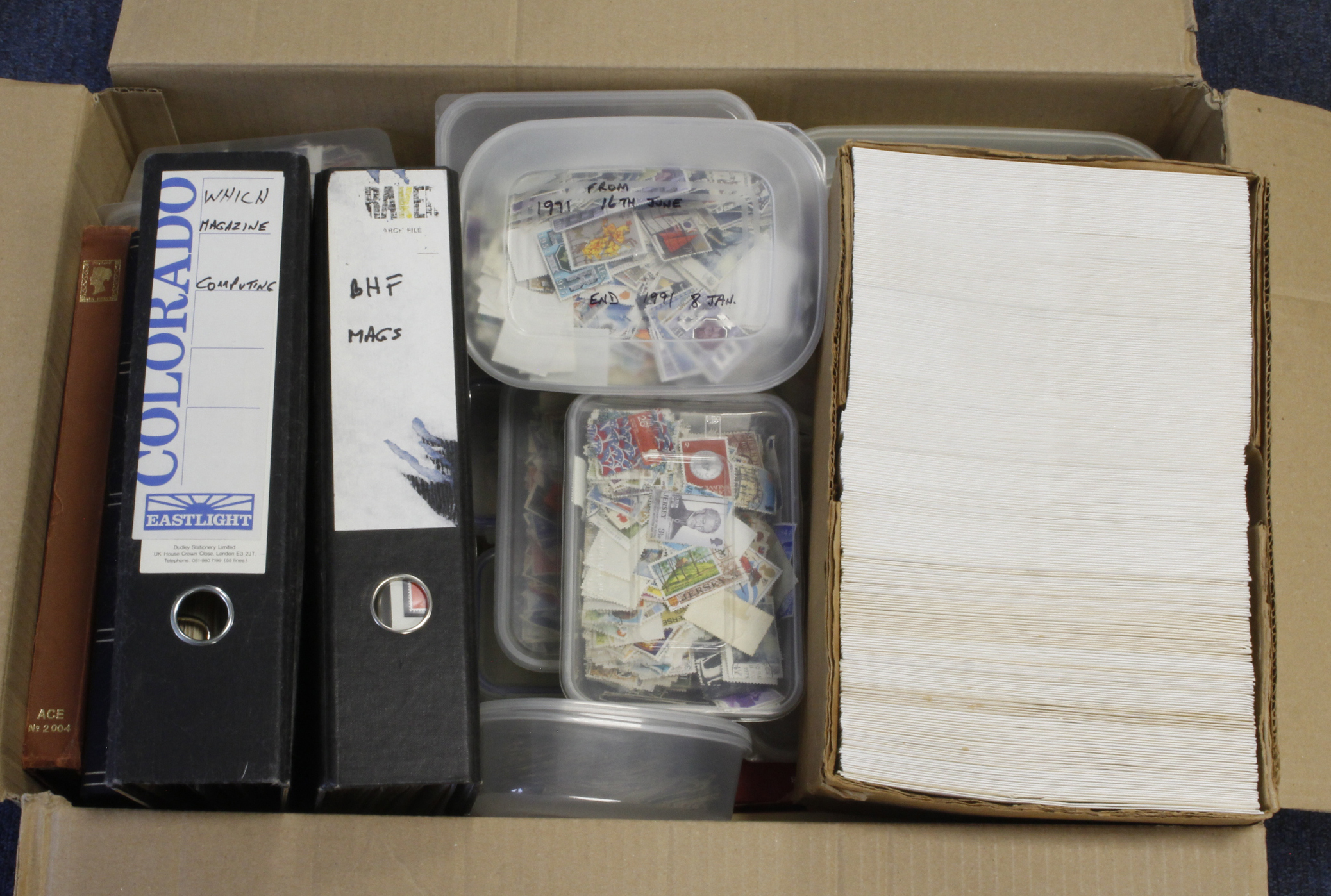 GB - large box with several plastic tubs (approx 12) containing off paper QV to modern mint, um