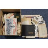 Paper ephemera housed in cardboard box, very mixed range including some Military themed (Qty)