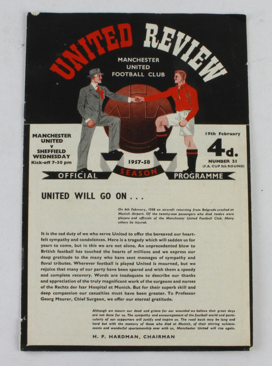 Football programme - Manchester United v Sheffield Wednesday 19 Feb 1958 F A Cup 5th Round. (Token