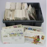 Plastic crate packed with a range of GB FDC's, from mid 1960's to c2012. Many Bureau cancels