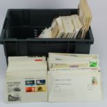 Plastic crate of GB FDC's with approx 50% late 1960's to c1990's various postmarks. Remaining covers