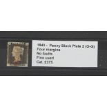 GB - 1840 Penny Black Plate 2 (O-G) four margins, no faults, fine used, cat £375