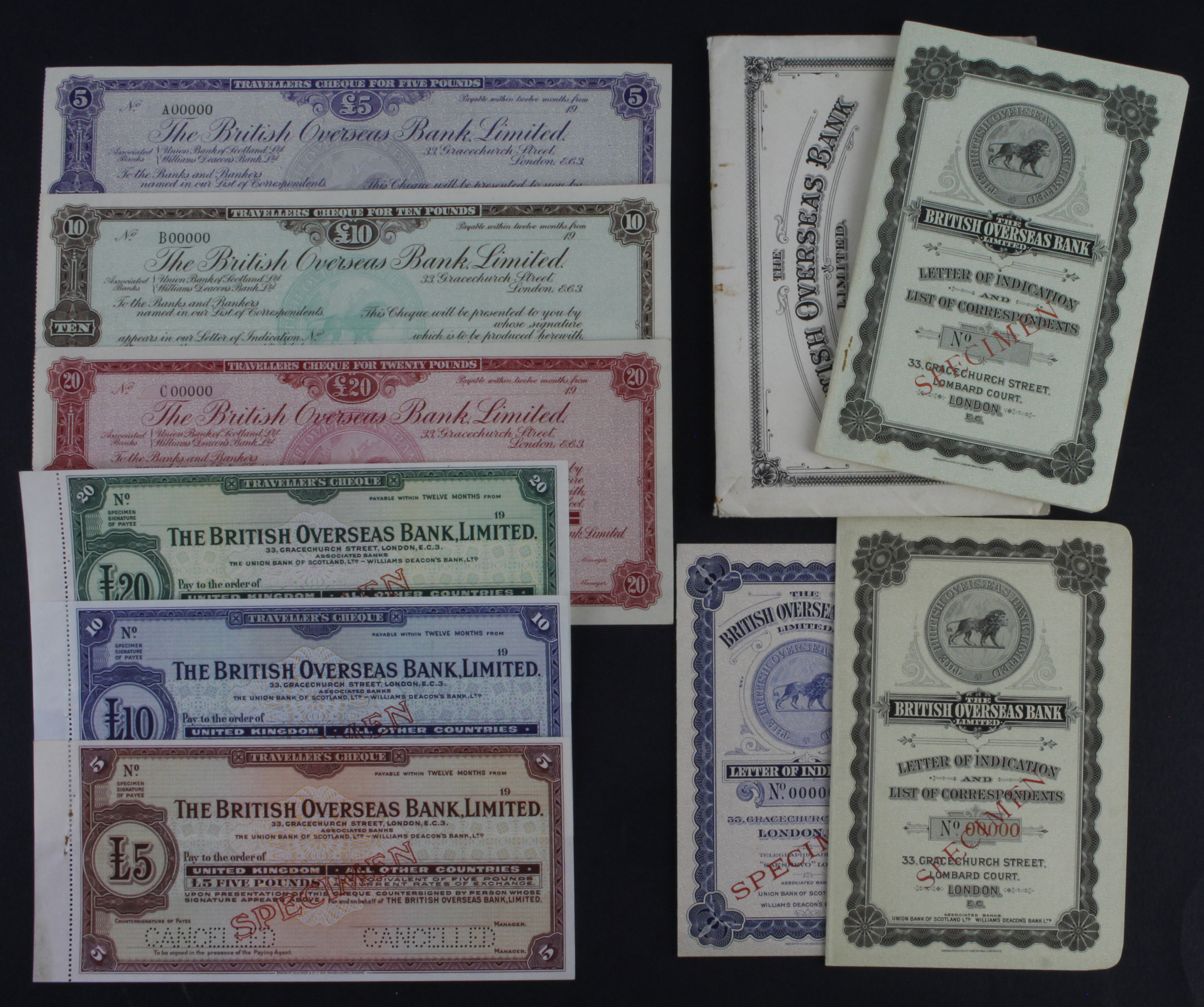 British Overseas Bank Letters of Indication and Travellers Cheque SPECIMEN group, Waterlow & Sons