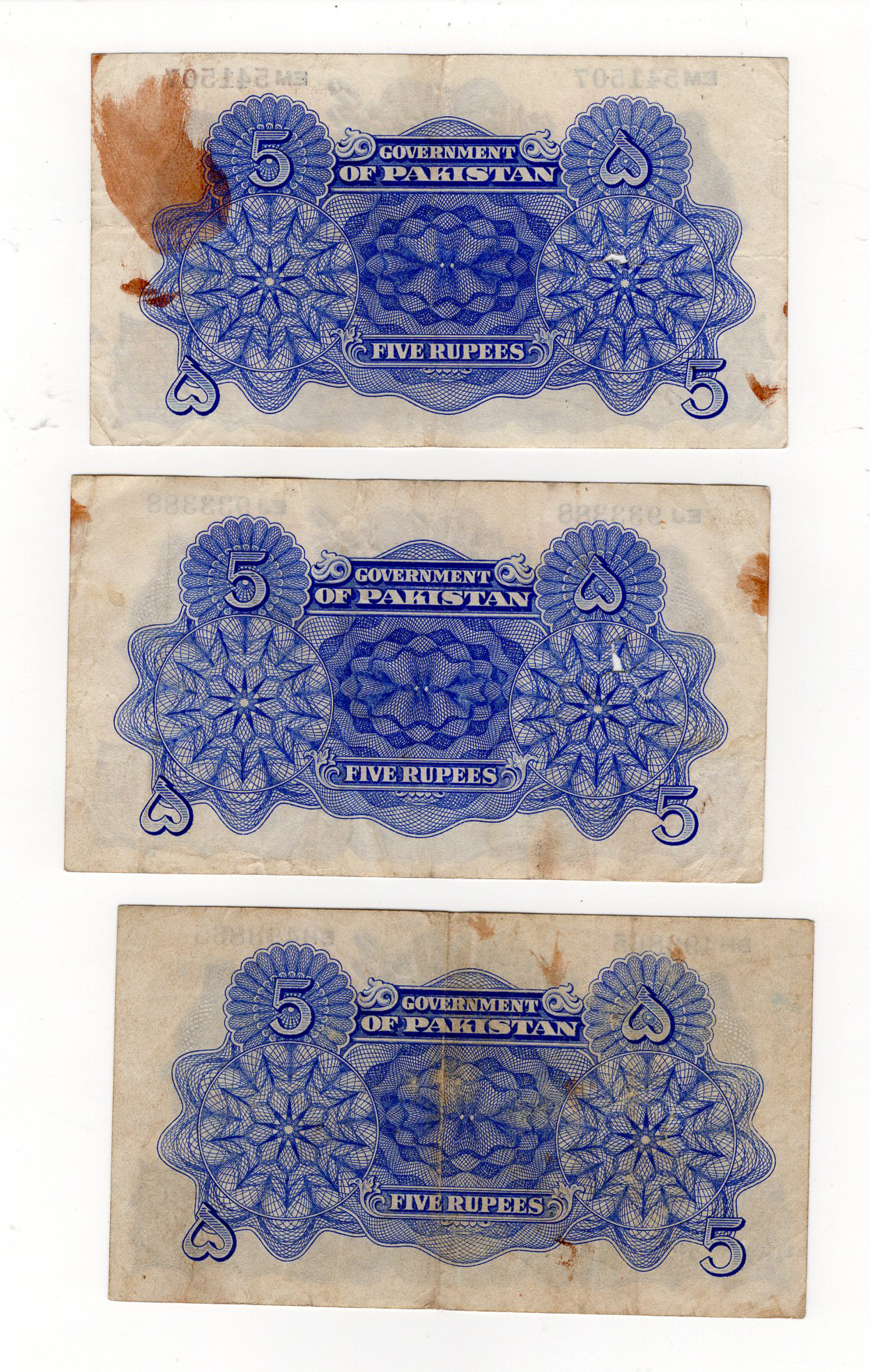 Pakistan 5 Rupees (3) issued 1948 (TBB B106a, Pick5) spindle holes at left, dirt/stains, Fine - Image 2 of 2