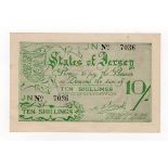 Jersey 10 Shillings issued 1941 - 1942, German Occupation issue during WW2, serial number 7036 (