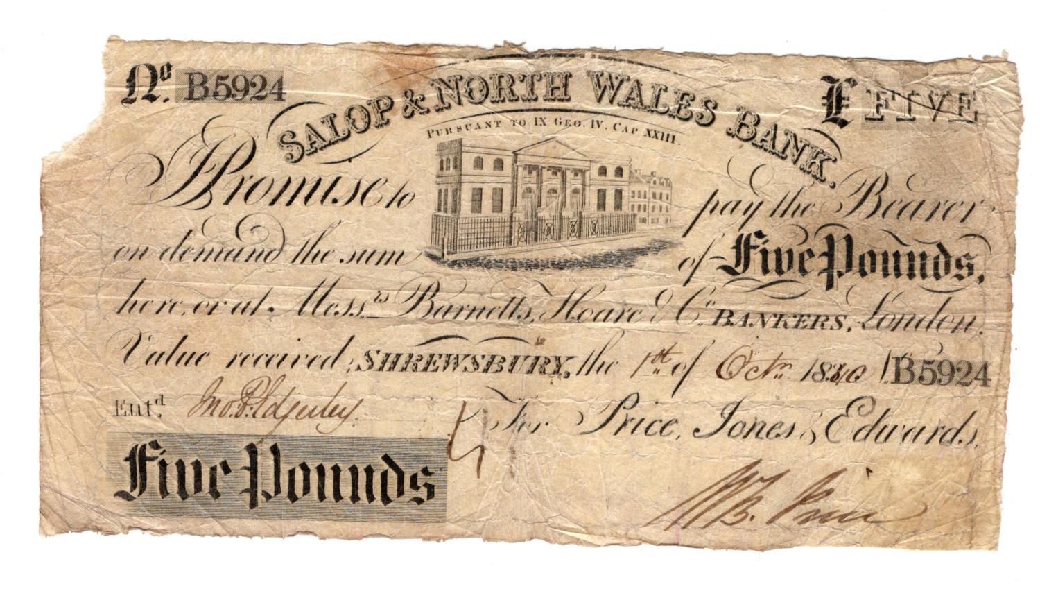 Salop & North Wales Bank, 5 Pounds dated 1st October 1840, No. B5924 for Price, Jones & Edwards (