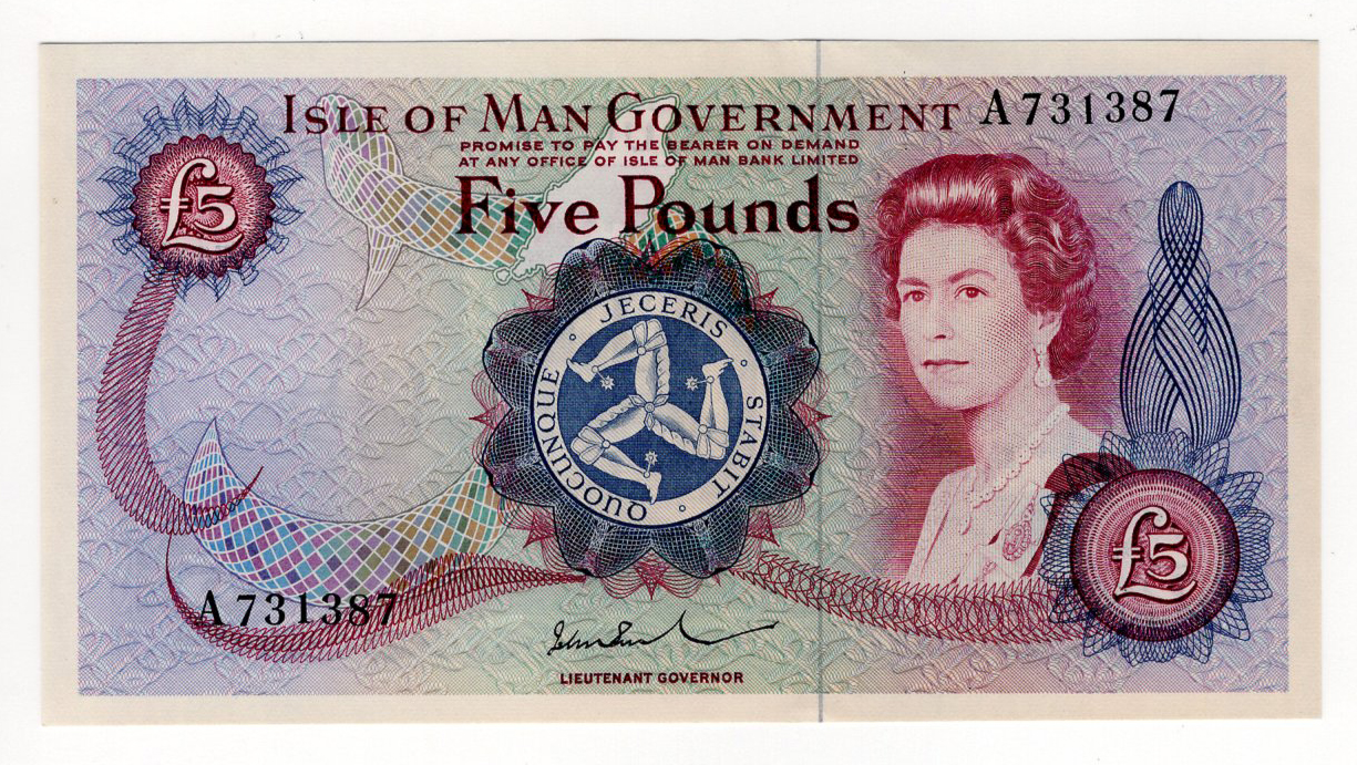 Isle of Man 5 Pounds issued 1975, signed John W. Paul, serial A731387 (IMPM M517, Pick30b) light